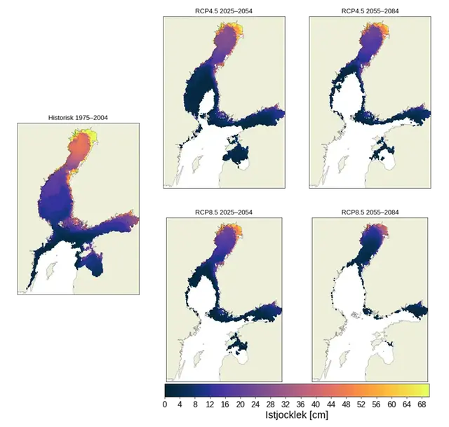 Figur som visar istjockleken 2025- 2054 respektive 2055-2084, jämfört med perioden 1975-2004.