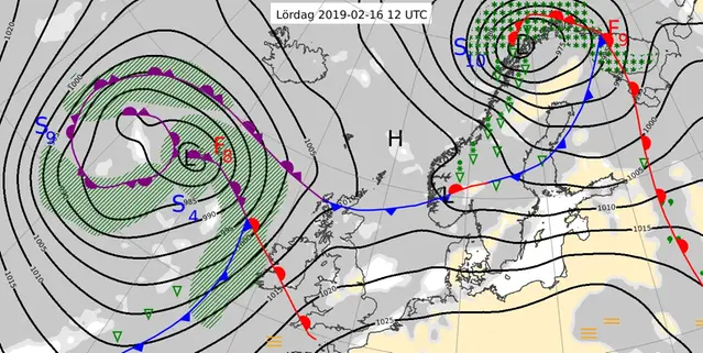 Väderläge kl 13.00 lördagen den 16 februari 2019