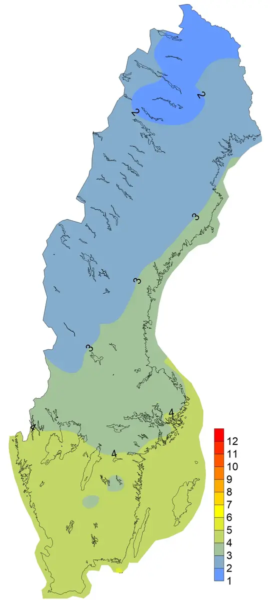 Januari, absolut fuktighet  [g vatten/m³], medelvärden 1996-2020.