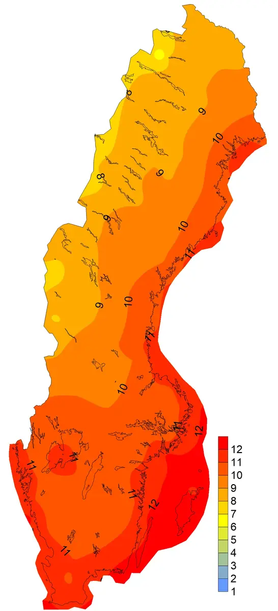Juli, absolut fuktighet [g vatten/m³], medelvärden 1996-2020.