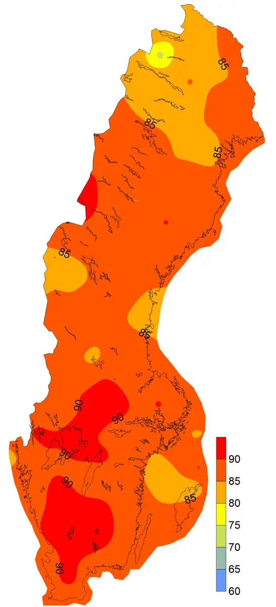 Januari, relativ luftfuktighet [%], medelvärden 1996-2020.
