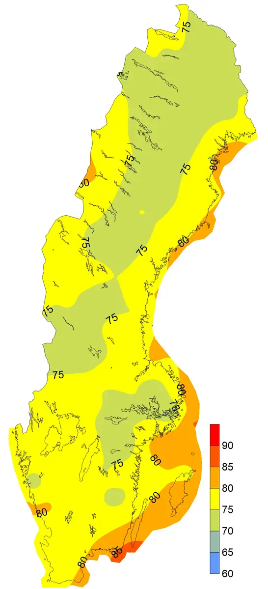 Juli, relativ luftfuktighet [%], medelvärden 1996-2020.