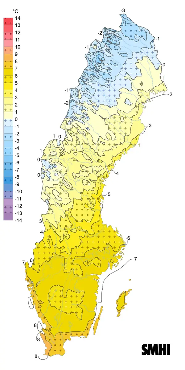 Årsmedeltemperatur för Sverige för normalperioden 1971-2000.
