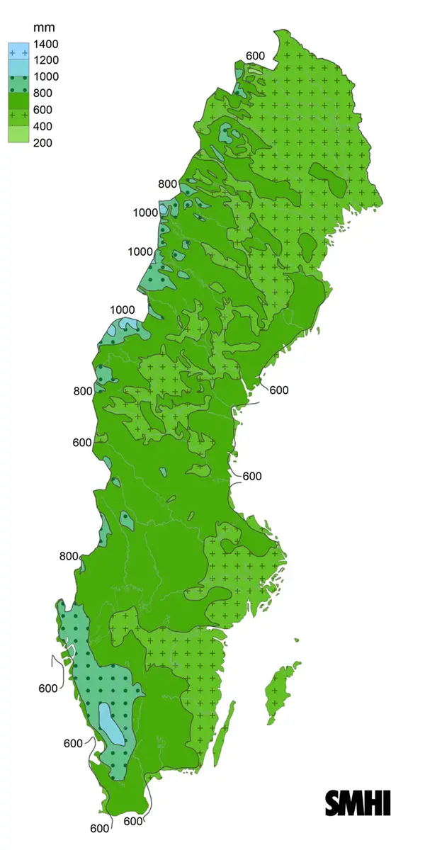 Årsnederbörd för Sverige för normalperioden 1971-2000.