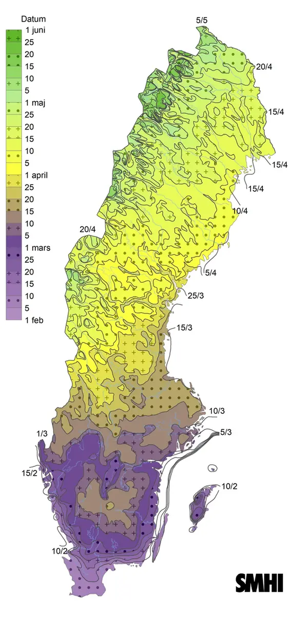 Karta som visar vårens normala ankomst