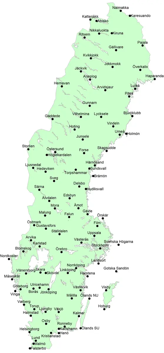 Bilden visar en karta med ett hundra stationer med långa temperaturserier som publiceras i Månadens väder.