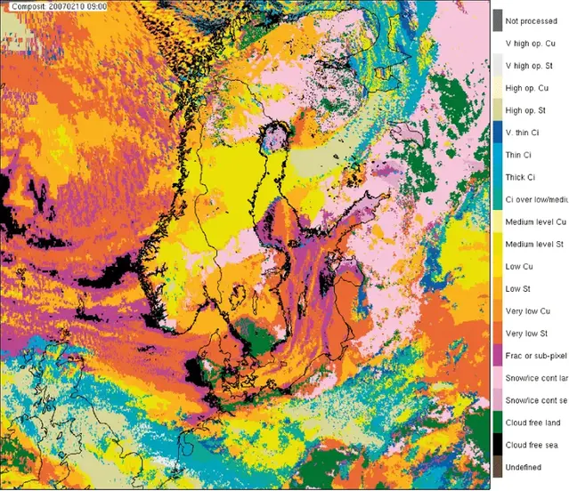 Satellitbild där färgerna indikerar olika molnslag