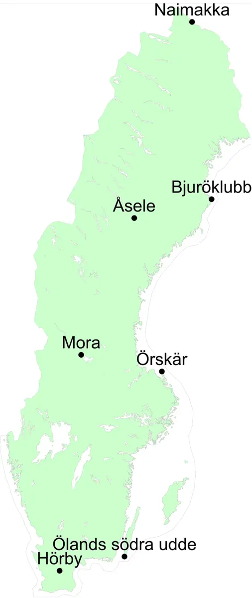 Bild på stationernas läge utpekade i Sverige.