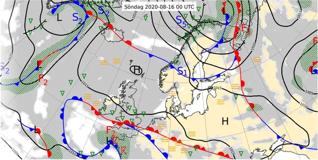 Karta som visar väderläget i norra Europa den 16 augusti 2020.