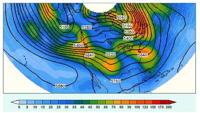 Visar osäkerheten av geopotentialen, i mitten av atmosfären i en global prognos på 84 timmar