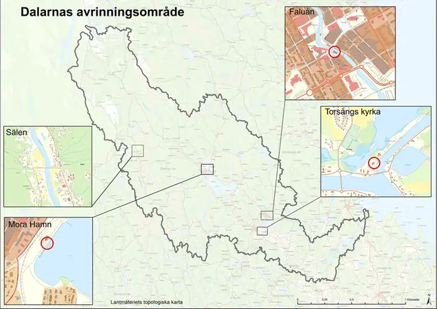 Karta över Dalälvens avrinningsområde där platserna för högvattenmärken är markerade.
