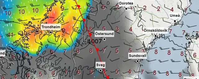 Väderkarta med varmfront, nederbörd, vind och temperatur.