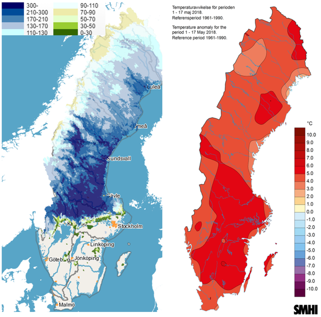 Sverigekartor över snö och temperatur