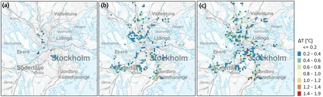 Kartillustration över förändring av lufttemperatur Stockholm mellan år 2030, 2050 och nattetid 2050.